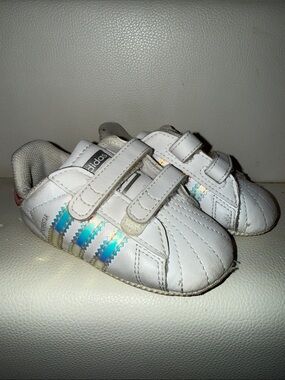 Adidas Kids White Leather Sneakers with Iridescent Blue Stripes